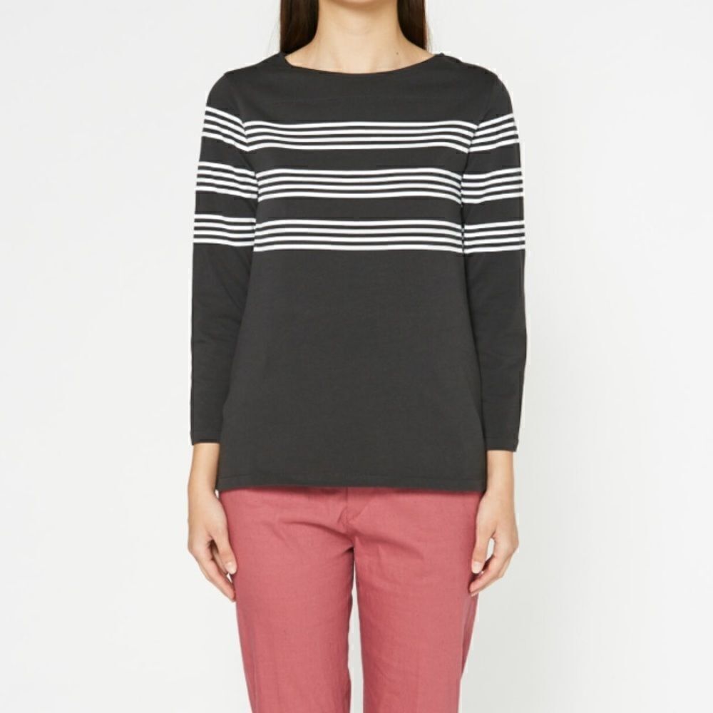 A.P.C Black Long Sleeve Shirt with White Horizontal Stripes Top in Size Medium